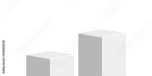 two White cube block podium stage pedestal and platform vector, a minimalist display element. Ideal for product showcases, presentations, awards, exhibitions, and modern design.
