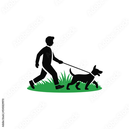 Man Walking Dog on Leash Green Grass Silhouette image