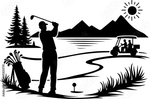 Mountain Golf Scene Silhouette vector 