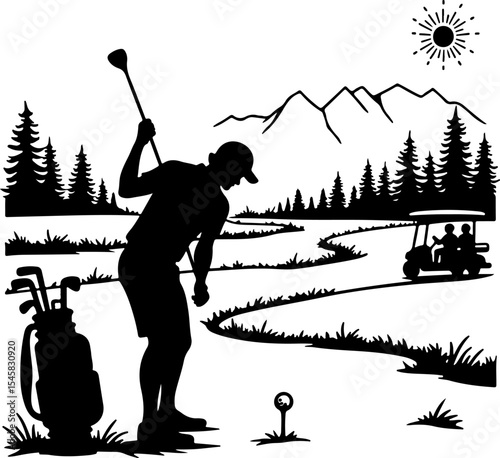 Mountain Golf Scene Silhouette vector 