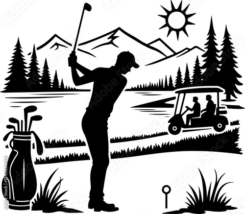 Mountain Golf Scene Silhouette vector 