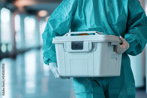 Medical professional in teal scrubs carries a white container in a hospital hallway