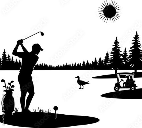 Mountain Golf Scene Silhouette vector 