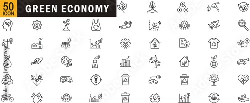 Green economy editable outline icon set. Sustainability recycling eco energy carbon renewable growth and more.
