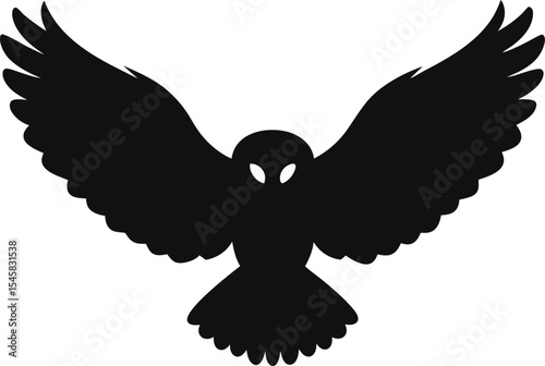 Flying Owl Silhouette: A Majestic Outline of the Nocturnal Bird with Wings Extended, Perfect for Symbolizing Wisdom and Silent Flight on a Clean White Canvas.