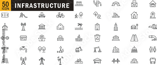 Infrastructure editable outline icon set. City planning road building public service utility architecture and more.

