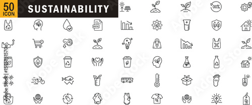 Sustainability editable outline icon set. Eco lifestyle recycling renewable energy climate change organic living and more.
