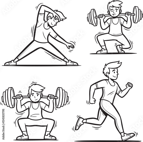  Set of line art illustrations of people exercising with weights stretching and running.