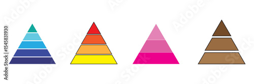 Colored levels of triangular pyramid. Maslow hierarchy of needs, triangle pyramid chart steps, pyramid layer diagram with rounded and sharp corners