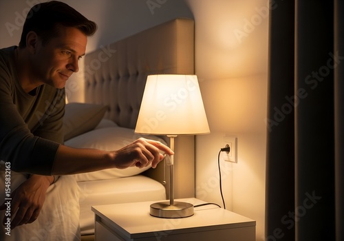 Man turning off bedside lamp while sitting on bed in dim bedroom  