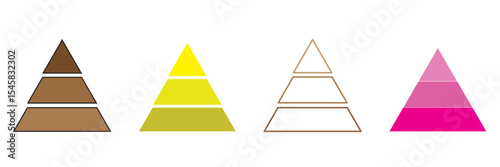 Levels of triangular pyramid. Pyramid infographic set. Half triangle pyramid chart. Maslow layer diagram. Development level infographic. Business graph. Vector business illustration. 