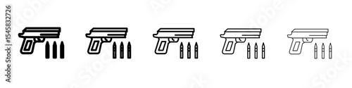 Gun with ammunition icon thin outline logo mark set
