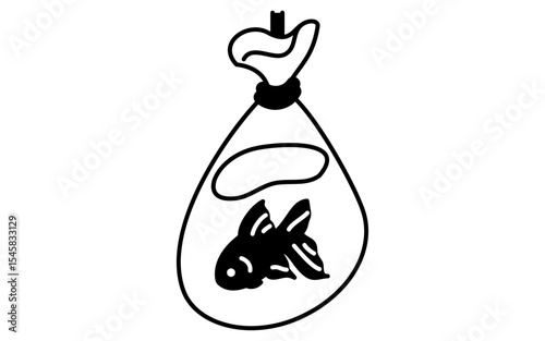 金魚すくいですくった金魚のシンプルな線画イラスト、夏のアイソメトリックイラスト