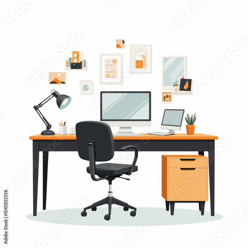 Modern home office workspace with computer, lamp, and art decor  
