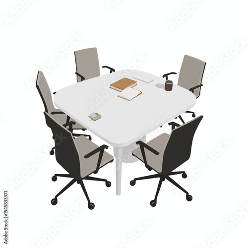 Modern conference table with chairs and office supplies arranged  