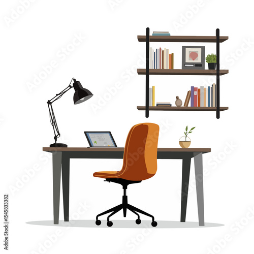Modern office desk with laptop, lamp, and bookshelves in minimalist style  