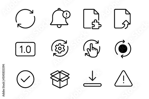 Black update icons set on gray background: notifications, downloads, warnings