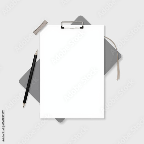 Blank clipboard with pen on gray background in minimalist style  