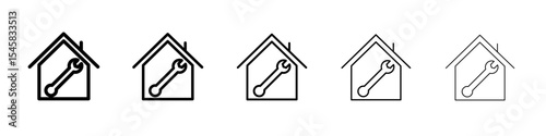 House with wrench repair icon thin outline logo mark set