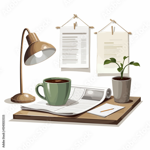 Home office desk with lamp, coffee cup, papers, and plant  