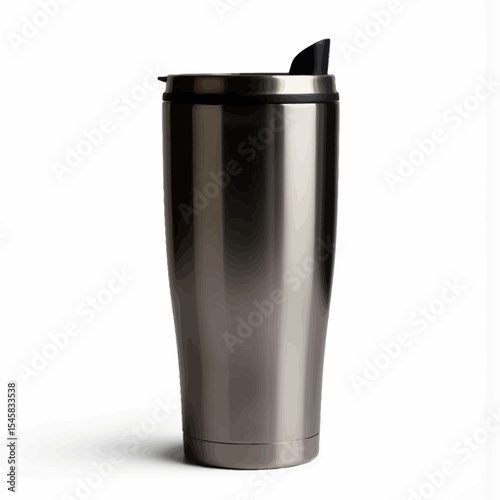 Stainless steel travel mug with lid on white background  