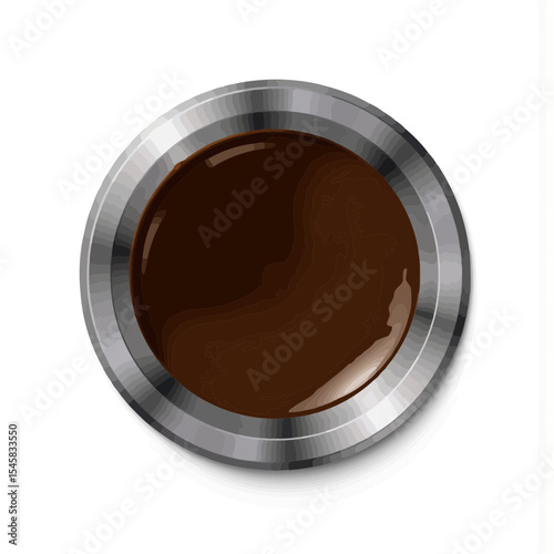 Dark brown liquid in a metallic circular container  