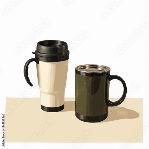 Two travel mugs with black lids on a light background  