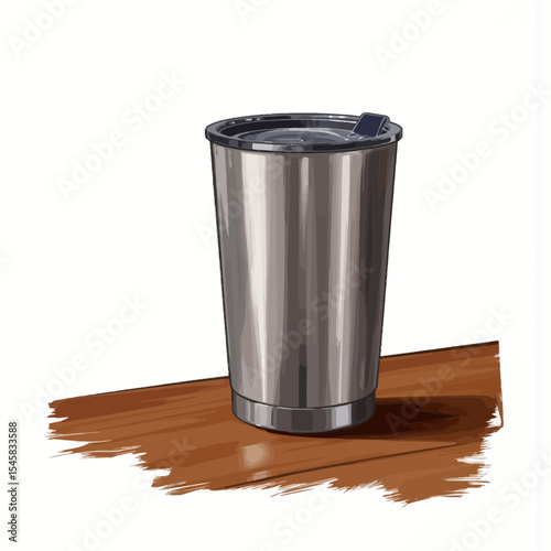 Stainless steel travel mug on wooden table with lid  