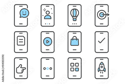 Minimalistic smartphone app icons featuring various functional symbols