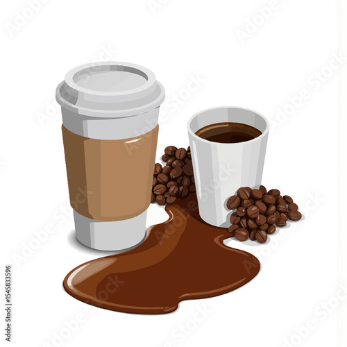 Coffee cup spilling liquid beside small cup and coffee beans  