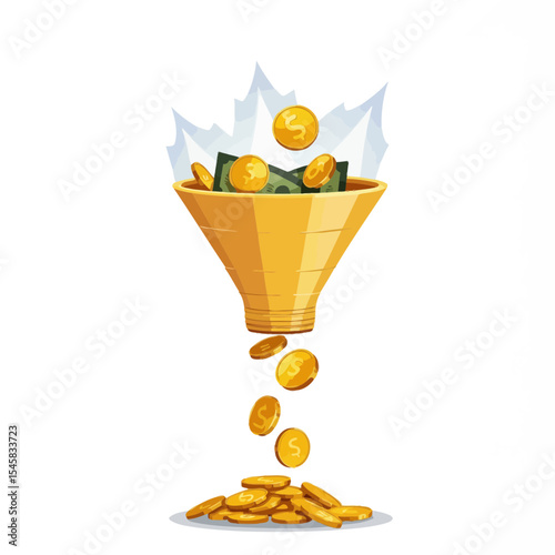 Money funnel with coins dropping and cash inside  