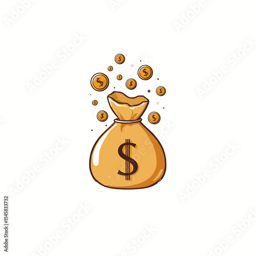Money bag with dollar sign and coins floating above  
