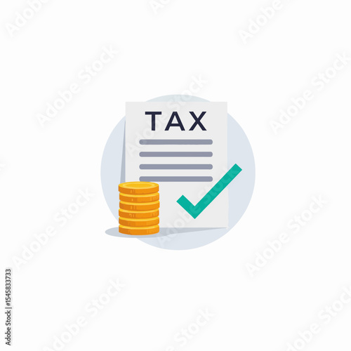Tax document with checkmark and coins in flat design style  