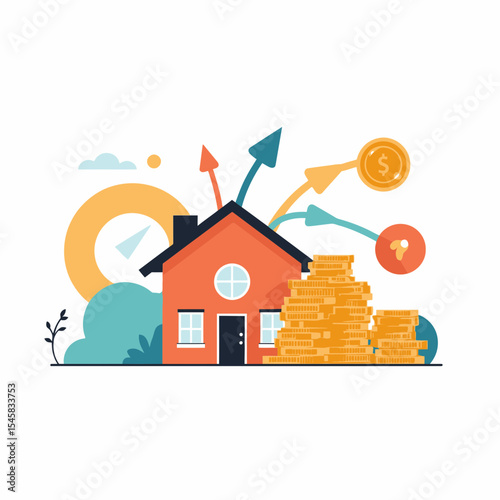 House with stacks of coins and growth arrows in a colorful style  