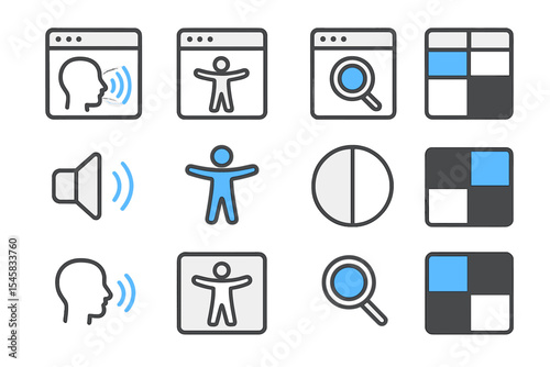 Accessibility icons set with voice, vision, and color tools