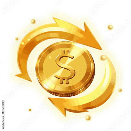 Golden dollar coin with rotational arrows on white background  