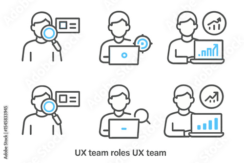 Ux team roles depicted with technology icons and data graphics