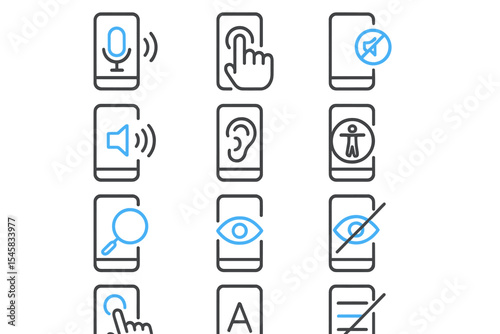 Accessibility technology symbols on dark background with blue highlights