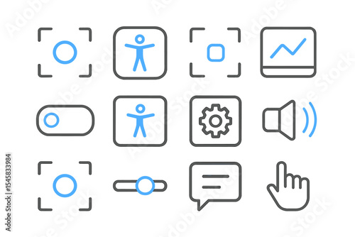 Glowing blue accessibility icons on dark background with technology symbols