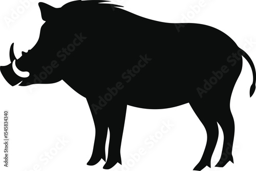 Robust Boar Silhouette: A Powerful Outline of the Wild Swine with Tusk, Perfect for Depicting Wilderness Resilience and Forest Dominance on a Clean White Canvas.