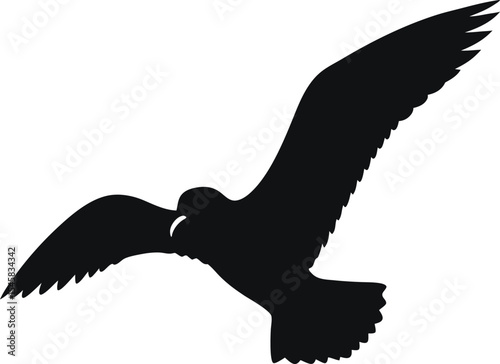 Soaring Seagull Silhouette: A Graceful Outline of the Coastal Bird in Flight, Ideal for Capturing Ocean Freedom and Seaside Tranquility on White Background.
