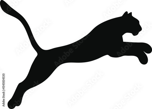 Agile Puma Silhouette: A Sleek Outline of the Mountain Lion in a Pouncing Stance, Perfect for Depicting Solitary Hunting and Wilderness Stealth on a Clean White Canvas.