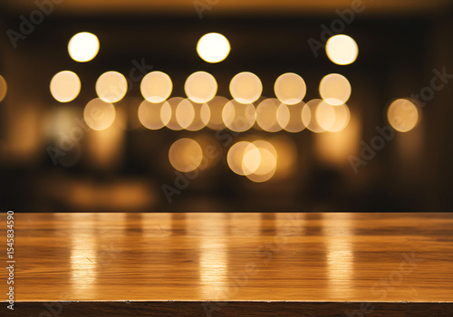 Close-up of a warm wooden counter with dreamy, blurred circular lights in the distance.
