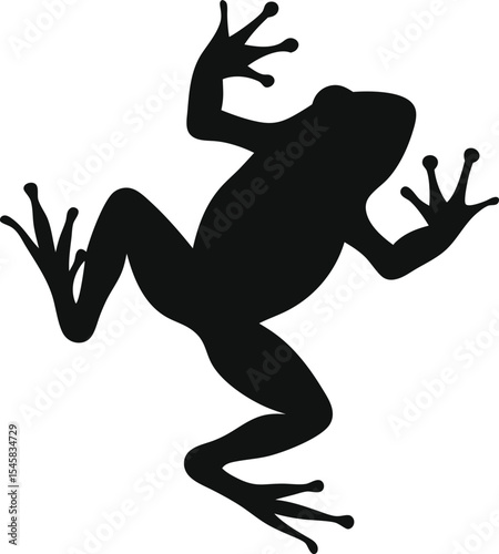 Hopping Frog Silhouette: A Distinctive Outline of the Amphibian Mid-Leap, Ideal for Capturing Pond Life and Aquatic Agility for Engaging Designs on White Background.