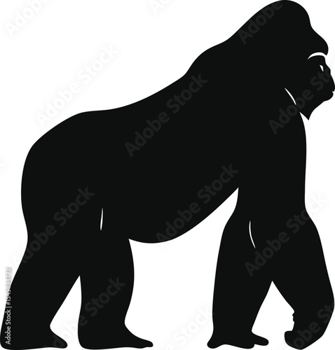 Giant Gorilla Silhouette: An Imposing Outline of the Powerful Primate Standing Tall, Perfect for Symbolizing Strength and Forest Wisdom on a Clean White Canvas.