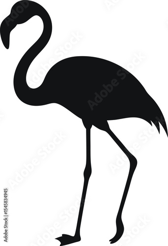 Elegant Flamingo Silhouette: A Graceful Outline of the Tall Wading Bird Standing on One Leg, Perfect for Depicting Exotic Beauty and Wetland Tranquility on a Clean White Canvas.