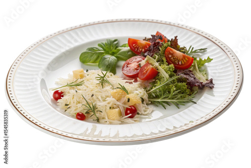 Delicious rice salad with fresh tomatoes and herbs served on a decorative plate for healthy eating