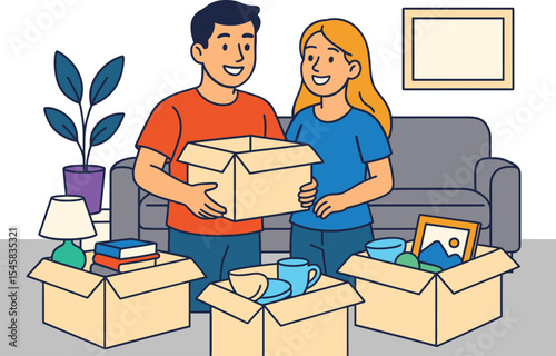 Happy couple unpacking moving boxes at home flat vector illustration