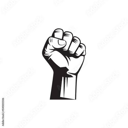 Black and White Graphic Illustration of a Raised Clenched Fist in Woodcut Style
