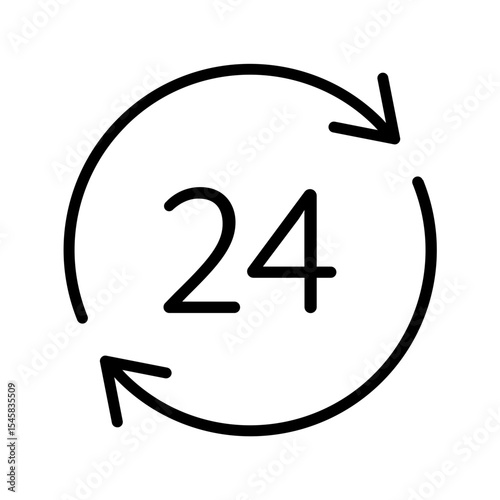 Black round up to 24 hours customer service icon, simple 24hour helpline assistance flat design pictogram vector for app ads web banner button ui ux interface elements isolated on white background